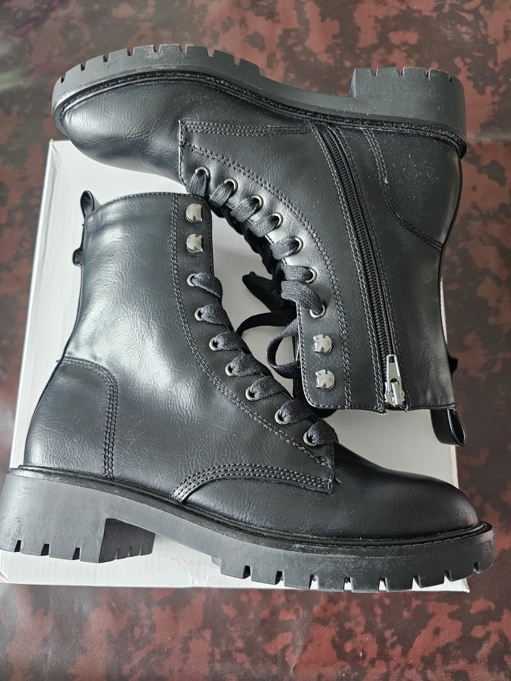 Madden Girl Black Lace-Up Combat Boots with Side Zip